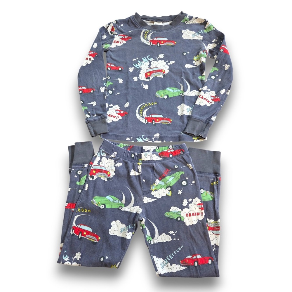 Mini Boden Cotton Long Sleeve Pajama Set Gray Race Car Kids Boys 8